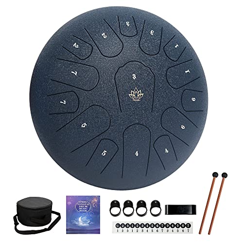 Rain Drum for Outside Garden Steel Tongue Drum 12 Inches 15 Notes Musical Instruments Handpan Drum Percussion Instrument with Soft Bag Music Book 2 Mallets for Meditation or Yoga(Navy Blue)