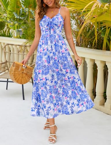 Image of Kranda Women 2026 Summer Sundress High Waist Tie Front Spaghetti Strap Long Beach Floral Tiered Maxi Dress with Pockets