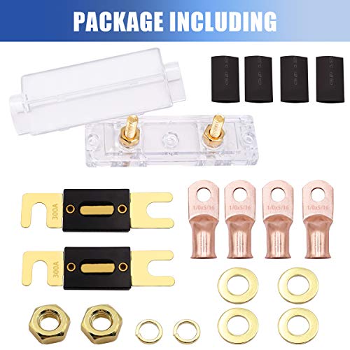 Smseace 2Pcs 300A Gold Plated Anl Fuse With 2Pcs Fuses Holders +4Pcs 1/0Awg Copper Ring Terminal Suitable For 1/0,2,4Awg Protect Controller Used For Car Audio And Other High Current Applications #TOP4