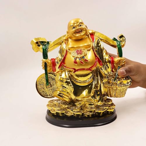 Image of Spillbox Resin Golden Happy man Statue|Laughing Buddha|Feng Shui|Show Piece|Gift Item |Vastu|Decorative Showpiece for Home Decor|Office Desk Table (Happy Man Gold Ingot)