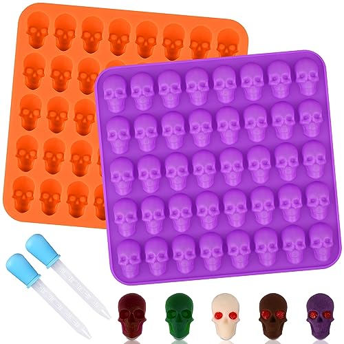Sakolla 2 Pack Gummy Skull Candy Silicone Molds 40 Cavity Silicone Skull Molds with 2 Droppers for Halloween Chocolate Candy Jelly Wax Melt Dog Treats Ice Cube