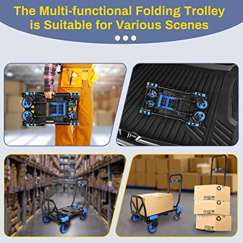 Aowoil Foldable Hand Truck Heavy Duty 440Lb Load Carrying,Convertible Hand Cart With Retractable Handle,Silent 4-Wheel Folding Hand Truck,For Luggage/Travel/Personal/Mobile/Office Use (Blue) #TOP3