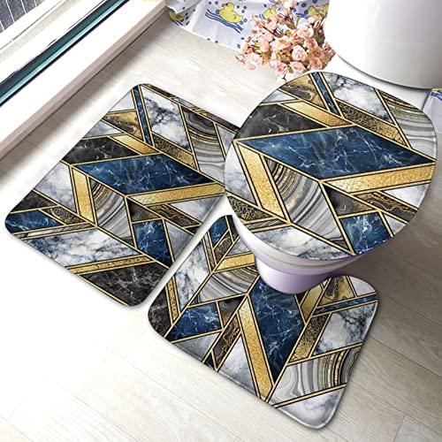 DIRYKILP Badematte + Konturmatte + Toilettendeckelbezug, Blau Golden Geometrischer Marmor 3 Stück Badematten Set, mit rutschfester Klebeunterseite