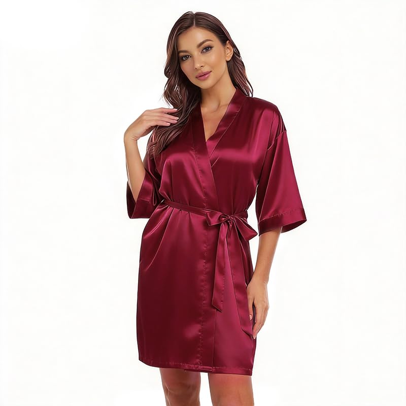 Image of Women's Bride Bridesmaid Robes Short Satin One Size Silver Rhinestones Wedding Party Getting Ready Sleepwear