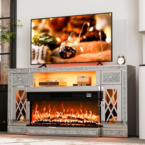 IKIFLY Mirrored Fireplace TV Stand for 65+ Inch TV