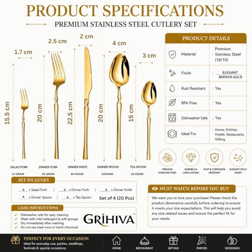 Image of 20 Pcs Gold Cutlery Set for Dining Table the Perfect Lightweight Silim Handle Tableware Including Dinner Spoon, Dinner Fork, Dinner Knife, Dessert Spoon & Dessert Fork