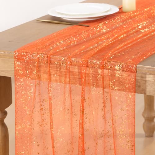 Image of Gold Glitter Table Runner Orange Sheer Gauze Foil Table Runner, 3PC