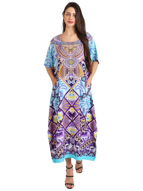 Image of Miss Lavish London Swimwear Cover ups Kaftan Dresses for Women Ethnic Print V Neck, Beach Coverups Plus Size, Side Slit & Pockets on Both Sides, Womens Beach Resort Wear-Purple-XL