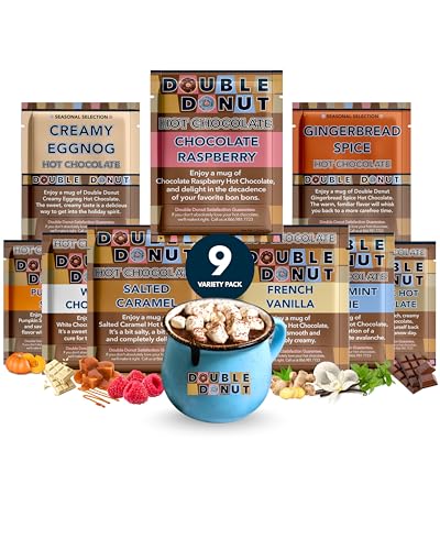 Double Donut Coffee Flavored Hot Chocolate Packets Variety Pack, 9 Count Includes Classic, Chocolate Raspberry, Salted Caramel, Peppermint, Eggnog & Gingerbread