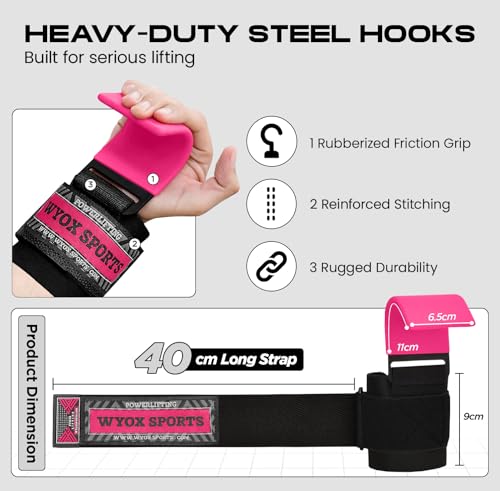 Image of WYOX Weight Lifting Hooks for Men & Women - Heavy Duty Gym Hooks with 8mm Padded Wrist Support Grips to Lift Heavier, Reduce Grip Fatigue & Improve Performance for Deadlifts, Pull Ups & Rows, Pair of 2
