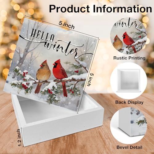 Image of Winter Cardinal Decor, Hello Winter Wood Box Sign, Farmhouse Christmas Home Office Decorations for Desk Table Shelf 5 X 5 Inches