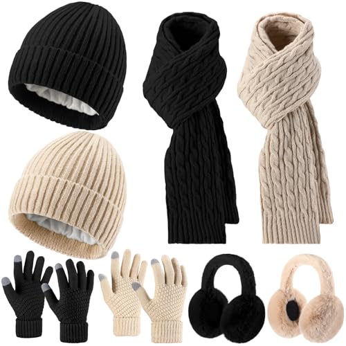 Image of Suhine 8 Pcs Winter Beanie Hat Scarf Gloves Ear Warmer set Warm Fleece Knit Hat Touch Screen Gloves Earmuff for Women men
