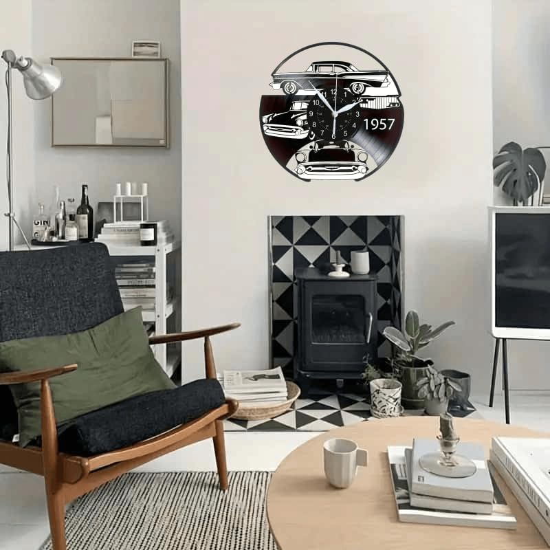 Vinyl Record Wall Clock, Classic Car Theme, Black, 12 Inches, Wall Mount, Living Room Decor