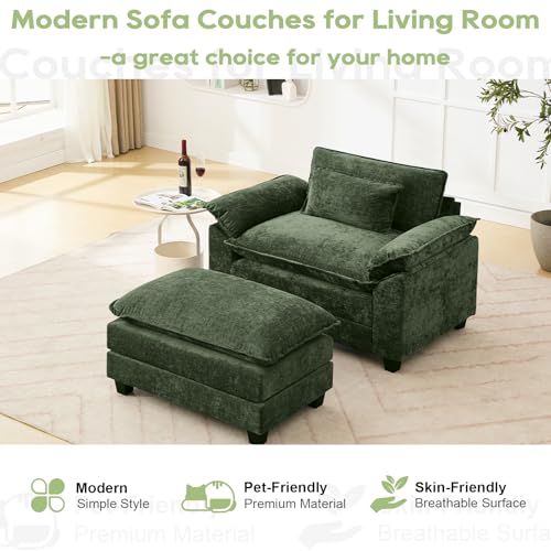 Image of 53 inch Modular Sectional Sofa, Comfy Deep Cloud Couch with Ottoman | Couches for Living Room, Sofa Bed, Modular Couch, Deep and Wide Seat, Chenille Sofa Sleeper with Throw Pillows, Green