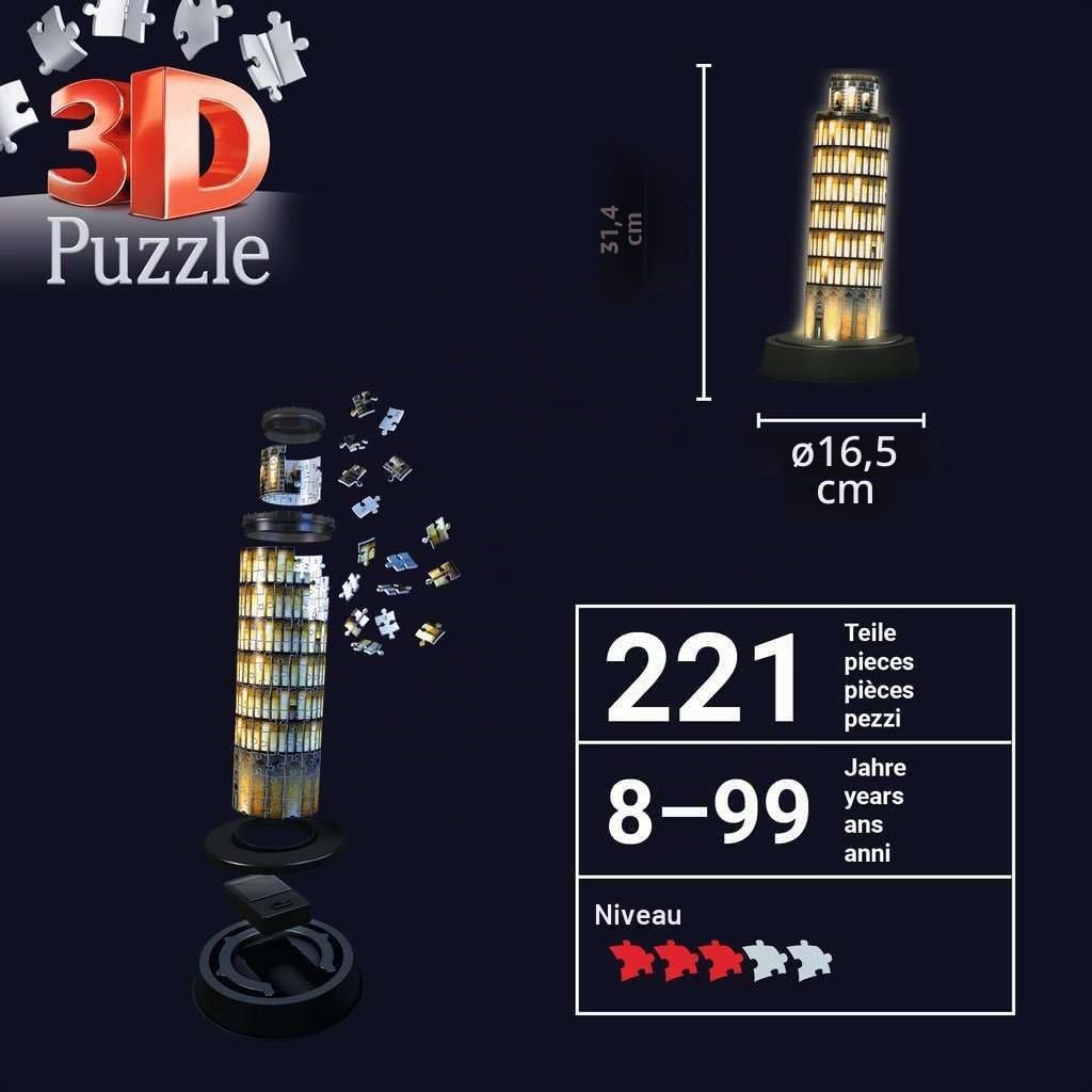 Ravensburger - Puzzle 3D Building - Tour de Pise illuminée - A partir de 8 ans - 216 pièces numérotées à assembler sans colle - Accessoires de finition inclus - 12515
