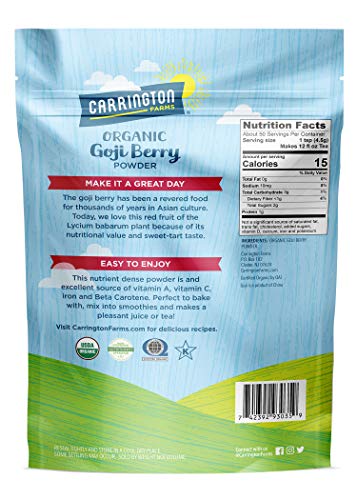 Carrington Farms – Organic Goji Berry Powder - Finely Milled Goji Berries – Sweet-Tart Flavor - Antioxidant Booster - Low Calorie 8 Ounce Bag #TOP1