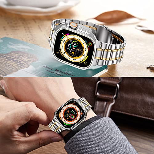 Image of MioHHR Solid Stainless Steel Band Compatible with Apple Watch 49mm Ultra 3 /2 /1, Metal Strap with Soft TPU Case for iWatch Series Ultra 3 /2 /1 49mm Women and Men, Silver /Gold