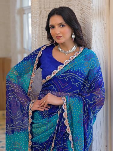 Image of SIRIL Women's Bandhani Printed Embroidery Georgette Saree with Unstitched Blouse Piece