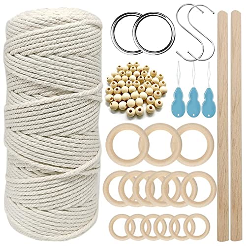 Cordón de macramé de algodón de 3 mm con cuentas de macramé, cuerda de madera con ganchos para colgar en la pared de plantas, kit de macramé