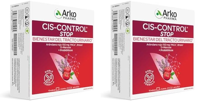 Arkopharma Ciscontrol Stop 15 Sobres Con Probióticos, Bienestar Urinario y Cistitis, Acción en 5 Días, Arándano Rojo, D-manosa, Brezo (Paquete de 2)