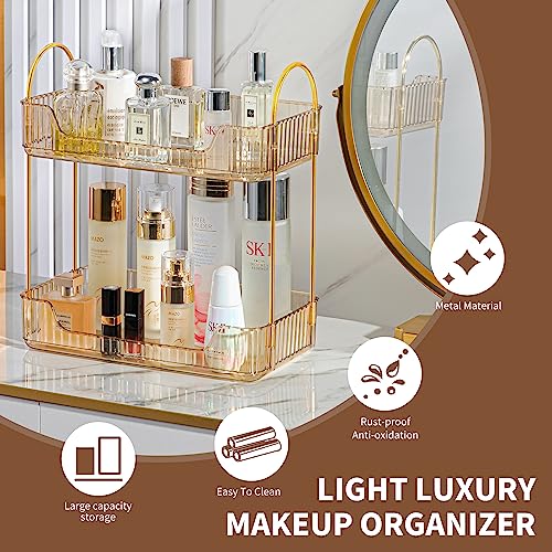 Image of Akinbas 2 Tier Bathroom Organizer Countertop Makeup Perfume Tray Skincare Organizer for Bathroom Dresser Vanity (Gold)