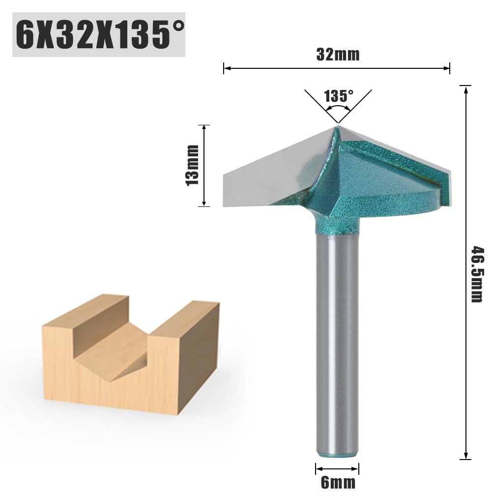 6mm tige V Bit CNC fraise en carbure monobloc en acier au tungstène fraise à bois 3D bois MDF routeur peu 90 120 135 150 degrés(6X32X135)