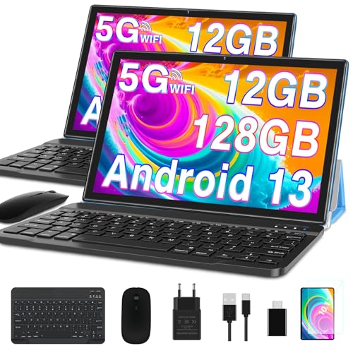 Android Tableta de 10 pulgadas 12 GB RAM + 128 GB ROM, TF de 2 TB, 5G + 2,4G WiFi, GPS, BT5.0, certificación GMS, 6000 mAh,Cámara dual de 8 + 5 MP, Cast, OTG, tipo C,Funda, teclado y ratón  Azul
