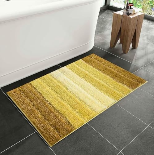 Image of Microfiber Shaggy Striped Design Bath Mat | Non Slip TPR Backing Absorbent Plush Door Floor Rug for Shower Bathroom Kitchen Living Room Home Decor (40x60 cm, Beige and Coffee)