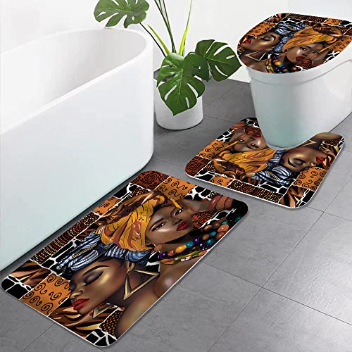 Black Woman Boho Badezimmerteppiche und Matten Sets 3-teilig, Memory Foam Badematte, U-förmige Kontur-Duschmatte rutschfest saugfähig, Samt WC-Deckelbezug waschbar – Bild 5