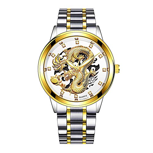 Hdanyiyi Men's Luxury Quartz Watch - Dragon Pattern - Stainless Steel - Gold Dial - Scratch Resistant - Water Resistant - Unisex-Adults