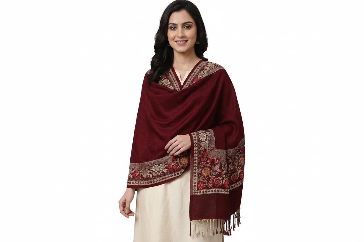 Homeevo Maroon Woolen Kashmiri Shawl for Women | Warm Stylish Pashmina Winter Stole | Soft Designer Ethnic Shawl for Ladies – Maroon