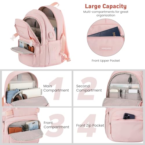 Image of WINDARS Backpack for School Girls, Cute High School Backpacks for Teens Women Student Large Bookbag 15.6 Inch Laptop Bag with USB Charger Port for College Work Travel Trip (Pink)