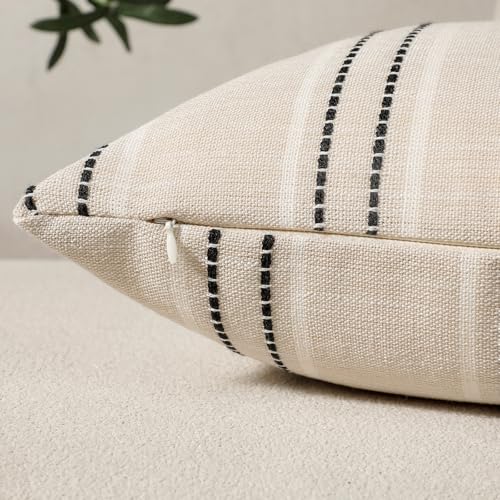 Hckot Throw Pillow Covers 22x22 Set of 2 Striped Pillow Covers Textured Linen Decorative Pillows Square Cushion Covers for Sofa Couch Bed Living Room Farmhouse Decor, Black