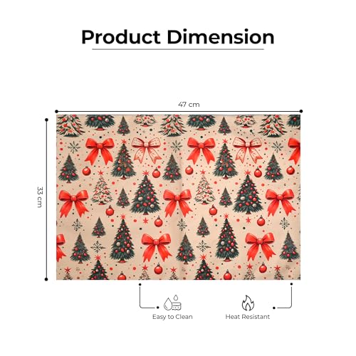 Image of Dining Table Mats Set of 4 with 135 cm Runner - Christmas Tree Red Bow Theme,Digital Print, Washable, Indoor /Outdoor, Heat-Proof, Wipe & Clean (47X33 cm) Olive & Green