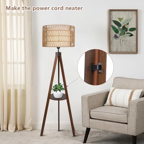 Image of LAMSU Boho Tripod Floor Lamp with Shelves, Mid Century Wood Standing Lamp with Rattan & Fabric Shades, ON /Off Foot Switch, Modern Farmhouse Tall Floor Lamps for Living Room Bedroom Office