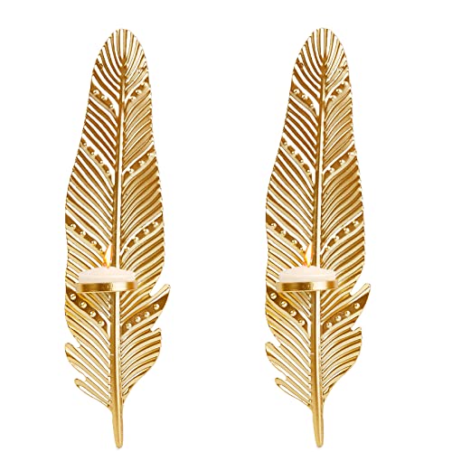 AMIJOUX Applique Murale Bougeoir Lot de 2 bougeoirs Muraux en Métal Doré pour la Décoration de la Maison Les Mariages Le Porche Lampe Murale Feuille Suspendue pour Salon Salle à Manger Salle de