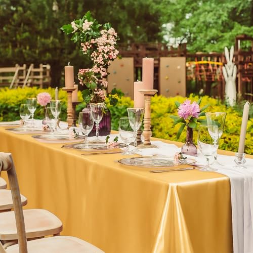 Image of TURSTIN 4 Pack Gold Satin Tablecloth 102 x 58 Inch Overlay Table Cover