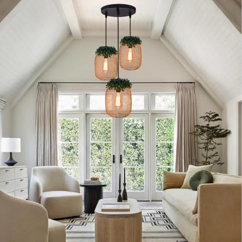 Image of Groeien 3-Light Industrial Gold Finish Metal Mesh Leaf Hanging Pendant Ceiling Lamp Fixture | Chandelier for Home, Indoor, Outdoor,Living Room, Bedroom(Bulb Included)