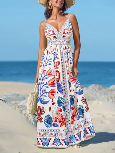 Image of CUPSHE Women's Summer Dresses Casual Spring V Neck Sleeveless Floral Beach Vacation Long Spaghetti Strap Flowy Maxi Dress