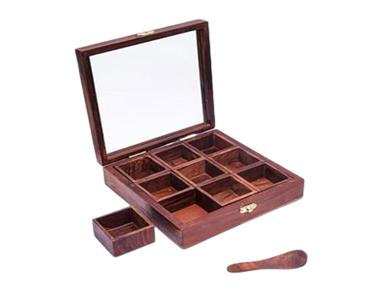 Satre Online and Marketing 9 Container Wooden Spice Box with 1 Spoon, Transparent Lid, Wooden Masala Box, Spice Dabba