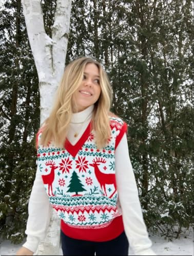 Image of JULYCLO Christmas Sweater Vest Women Ugly Xmas Reindeer Knit Sweaters Casual Santa Snowflake V Neck Sleeveless Outwear Tops