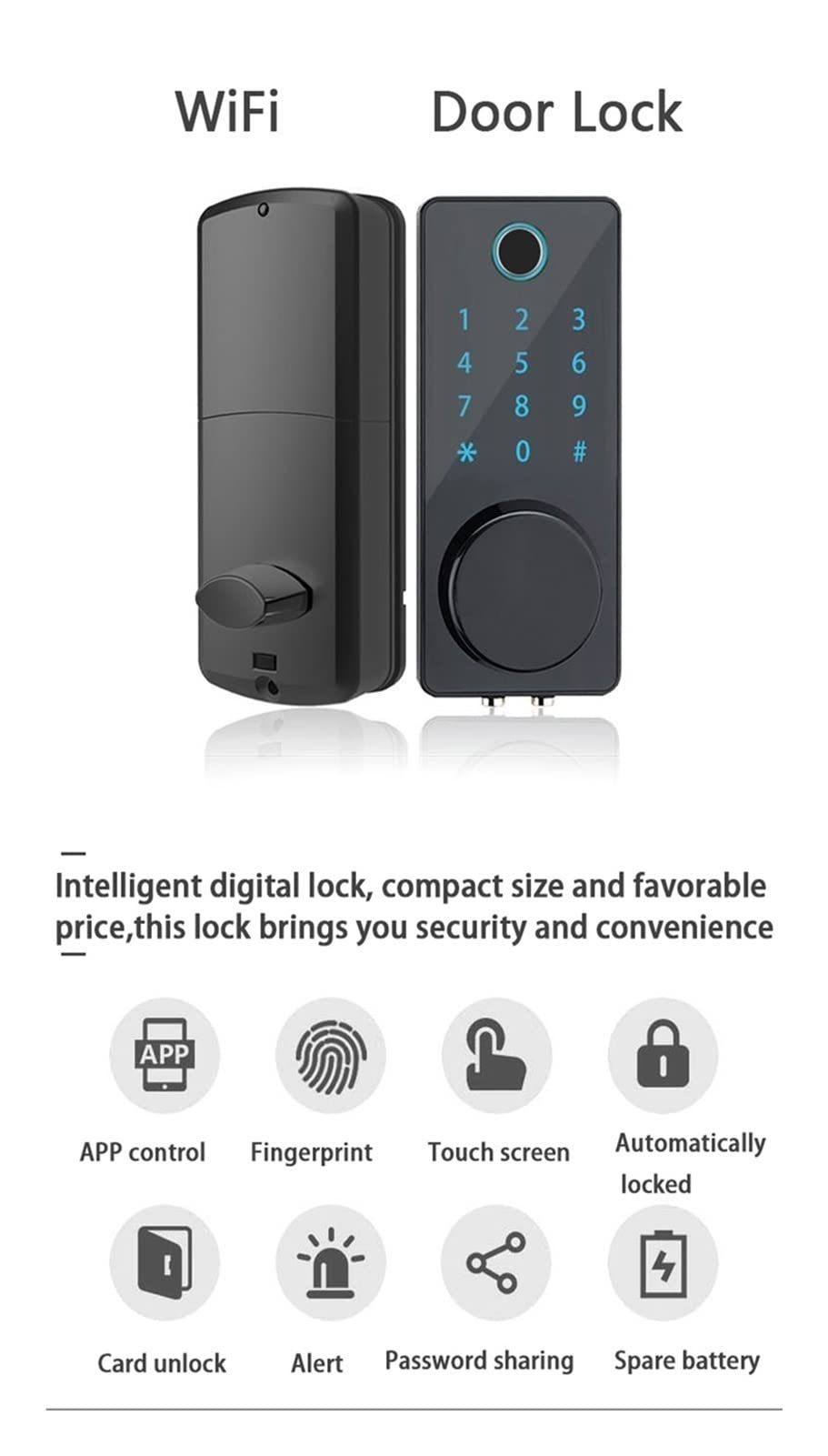 Inteligentny zamek do drzwi, Czarny inteligentny odcisk palca Deadbolt Lock Wifi App Zdalne sterowanie automatyczną blokadą Ic Blokada drzwi karty dom