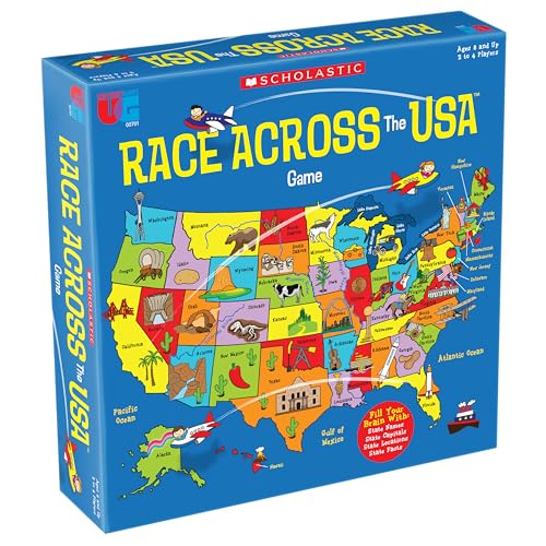 Image of University Games, Scholastic Race Across the USA Board Game , Geography Learning Game for Kids and Families, for 2 to 4 Players Ages 8 and Up
