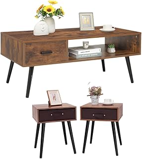 IWELL Mid-Century Boho Coffee Table & Nightstand Set of 2, 2 Piece Furniture for Living Room, End Table with Drawer, TV Co...