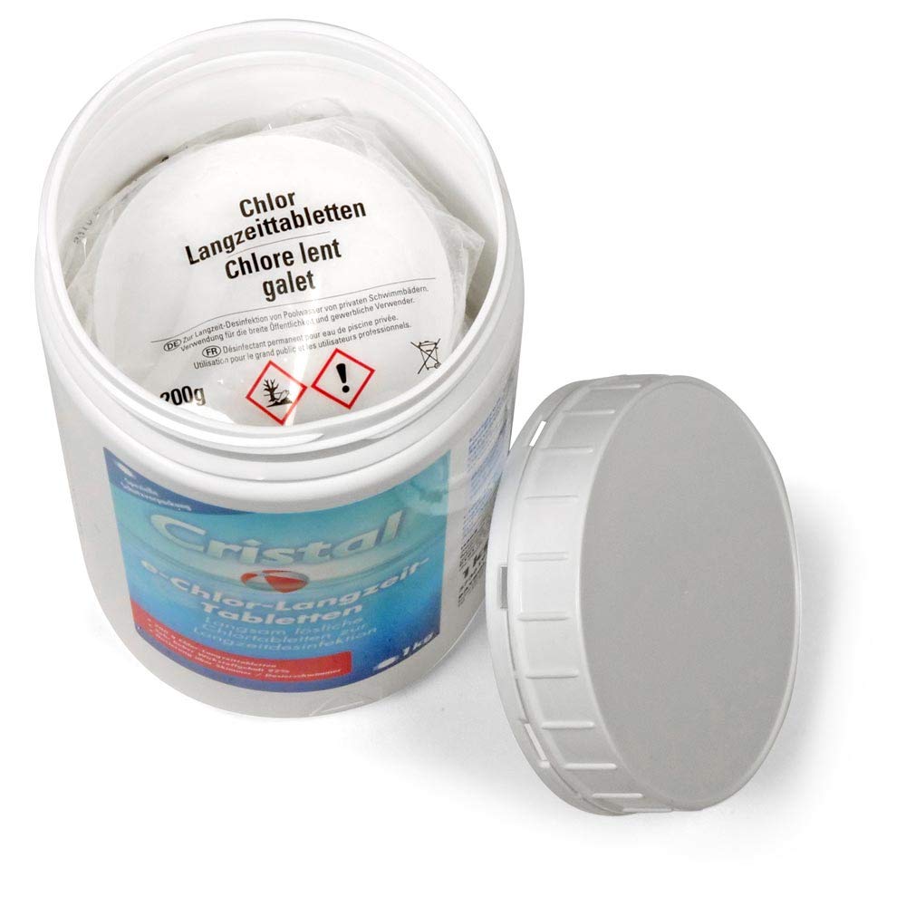Cristal Chlor Langzeit-Tabletten 200g - 1 kg Eimer - Langzeitdesinfektion für Pools - Stabilisiertes Chlor - Effektive Wasserpflege für Pools ab 20m³