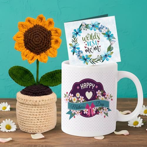 Image of TIED RIBBONS Gift for Mom, Birthday Gift for Mom Women Wife Mother in Law Mummy (Printed Ceramic Coffee Mug with Artificial Crochet Flower Bouquet & Greeting Card), 325 ML