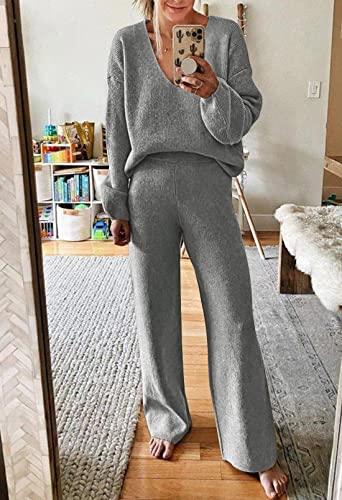 Image of Viottiset Women's 2 Piece Outfits Casual V Neck Knit Wide Leg Sweater Lounge Set Sweatsuit
