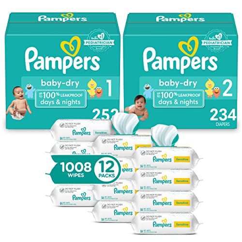 Image of Pampers Baby Dry Disposable Baby Diapers Starter Kit (2 Month Supply), Sizes 1 (252 Count) & 2 (234 Count), with Sensitive Water Based Baby Wipes 12X Multi Pack Pop-Top and Refill (1008 Count)