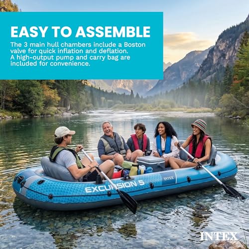 Image of INTEX Excursion 5-Person Inflatable Fishing Boat River Raft Set with Oars