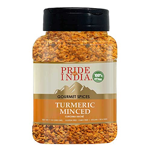Pride of India - PACK of 6 - Turmeric Minced Whole – Gourmet Spice – Curcumin Rich Properties – No Additives Gluten – Easy to Use – 7 oz. Medium Dual Sifter Jar